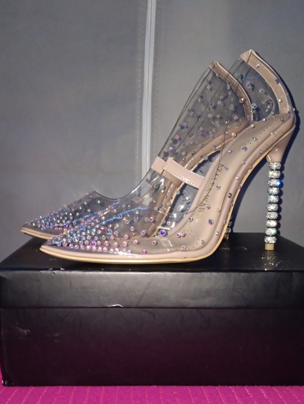 Clear Pointed-Toe Rhinestone High Heels in Nude